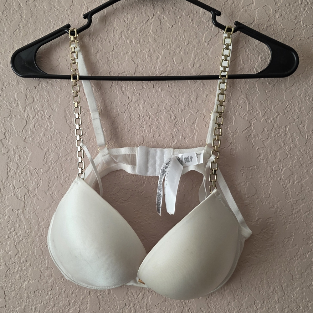 Censored Push-Up Bra 38C White Gold Chain Straps Padded Underwire